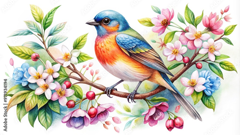 Vibrant hand-drawn illustration of a colorful bird perched on a blooming branch, surrounded by delicate flowers and leaves, set against a soft white background. Vibrant hand-drawn illustration of a colorful bird perched on a blooming branch, surrounded by delicate flowers and leaves, set against a soft white background.