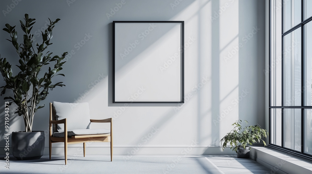 Minimalistic Interior with Blank Poster Frame White Wall and Stylish Carpet and Furniture Minimalistic Interior with Blank Poster Frame White Wall and Stylish Carpet and Furniture