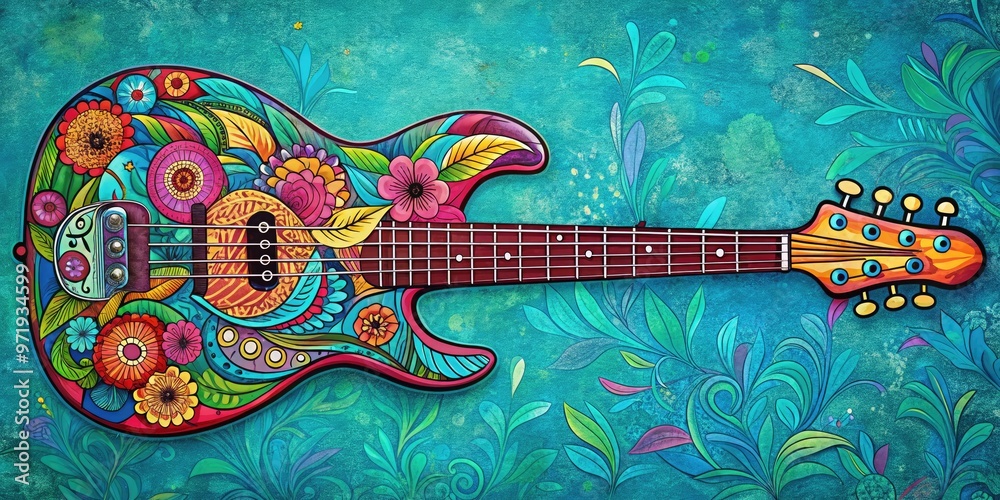 Naklejka premium Vibrant, hand-drawn illustration of a stylized bass guitar, adorned with colorful flowers and Paisley patterns, set against a bright blue background with subtle texture.