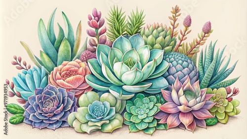 Vibrant, hand-drawn succulent arrangement featuring varied shapes and sizes, set against a soft, creamy background with subtle texture and delicate, whimsical linework.