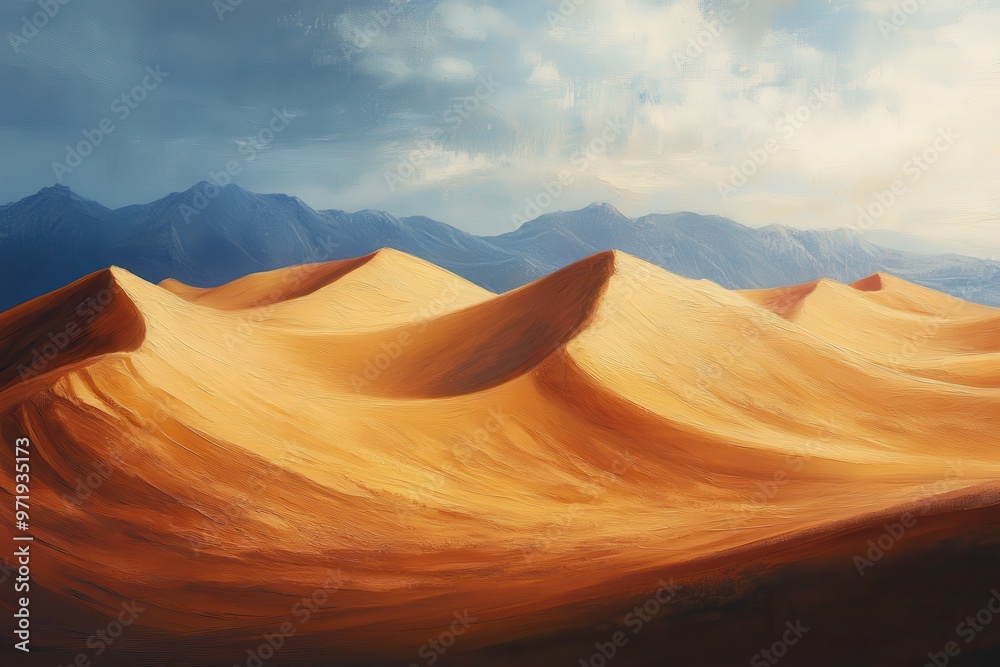 Naklejka premium Rolling Sand Dunes Under Cloudy Sky With Distant Mountain Range