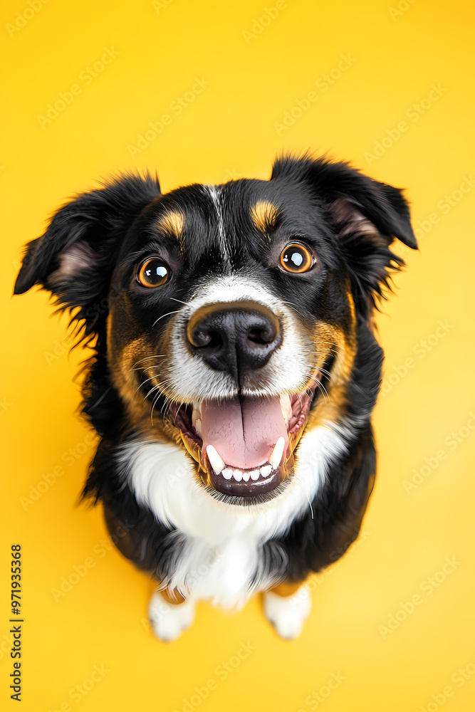 Happy dog with a cheerful expression against a yellow background Happy dog with a cheerful expression against a yellow background