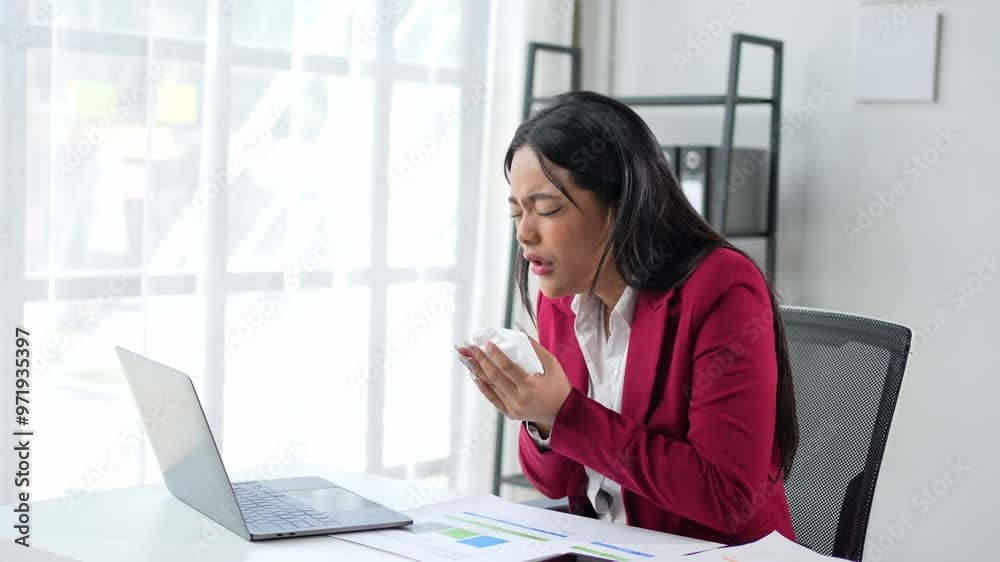 Businesswoman suffering from cold blowing nose at office desk Businesswoman suffering from cold blowing nose at office desk