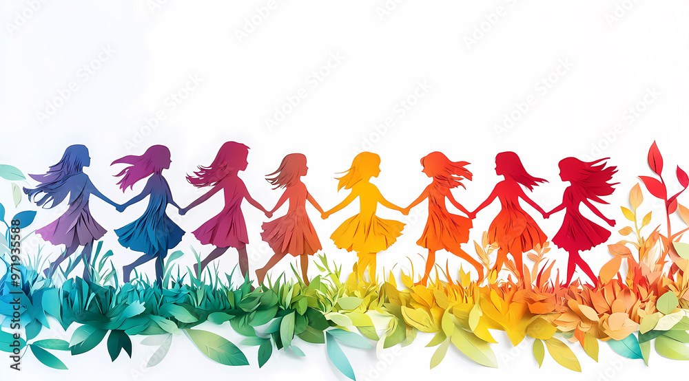 Fototapeta premium Children Holding Hands in Abstract Paper Cut Art Rainbow