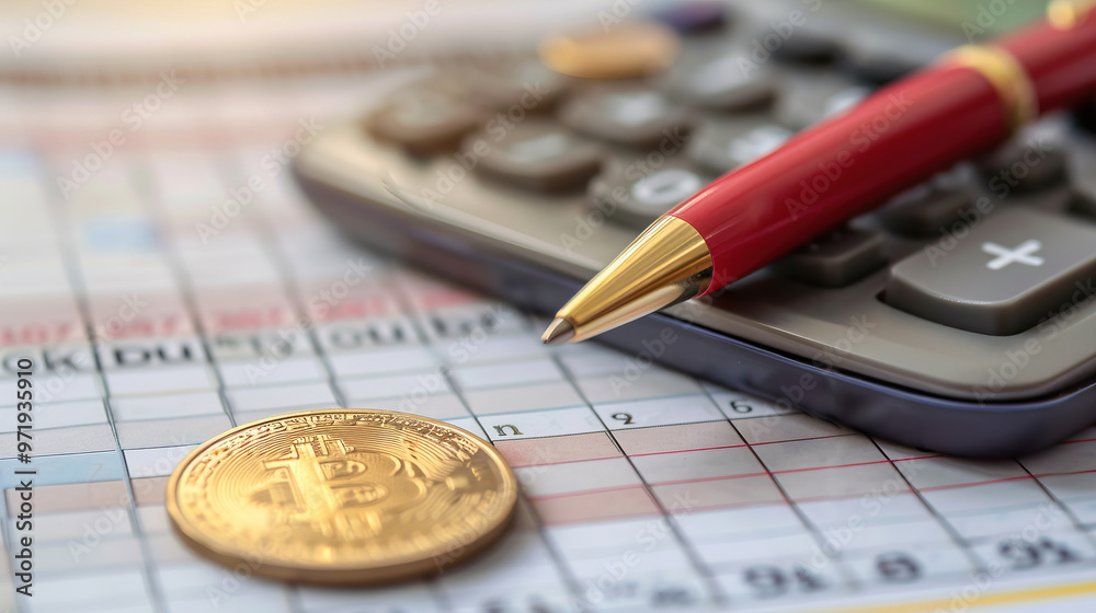 Budgeting Essentials. Calculator, Pen, and Gold Coins on Paper Budgeting Essentials. Calculator, Pen, and Gold Coins on Paper
