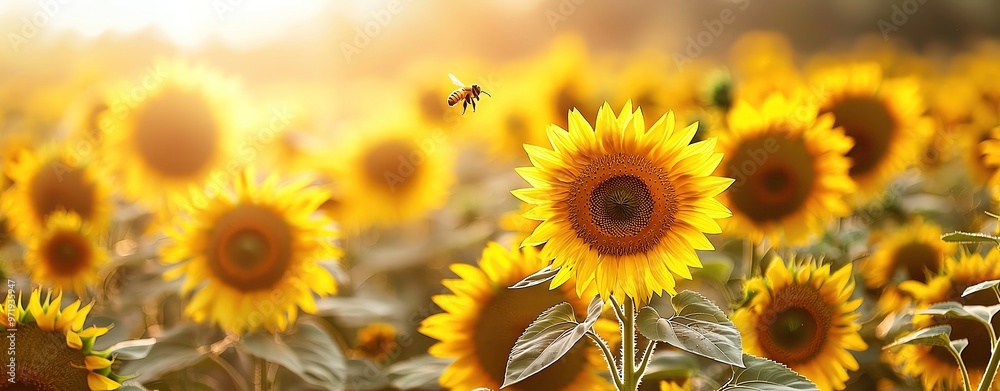 A vibrant field of sunflowers illuminated by sunlight, showcasing nature's beauty and attracting pollinators like bees. A vibrant field of sunflowers illuminated by sunlight, showcasing nature's beauty and attracting pollinators like bees.