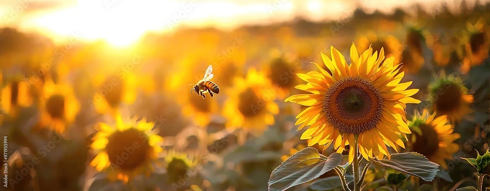 Fototapeta premium A vibrant sunflower field at sunset, with a bee hovering near a bloom, showcasing the beauty of nature and summer.