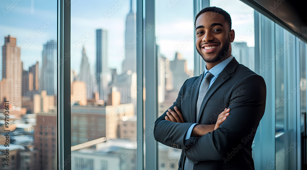 Fototapeta premium Confident young businessman smiles in modern office with city backdrop.