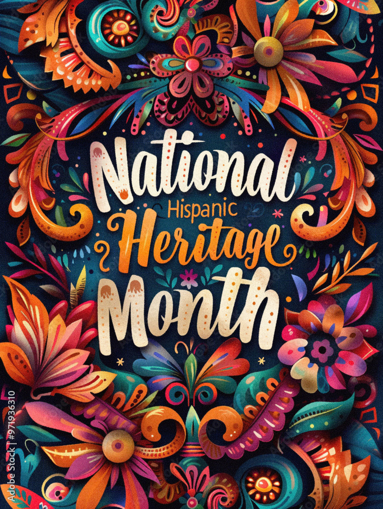 Bold and vivid typographic poster with text National Hispanic Heritage Month