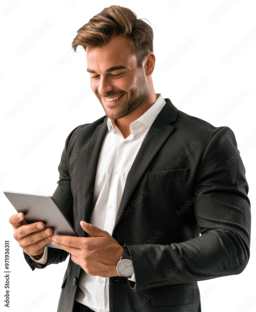 Portrait of young executive businessman happy smiling and standing posing holding using tablet computer, isolated on white background, png Portrait of young executive businessman happy smiling and standing posing holding using tablet computer, isolated on white background, png