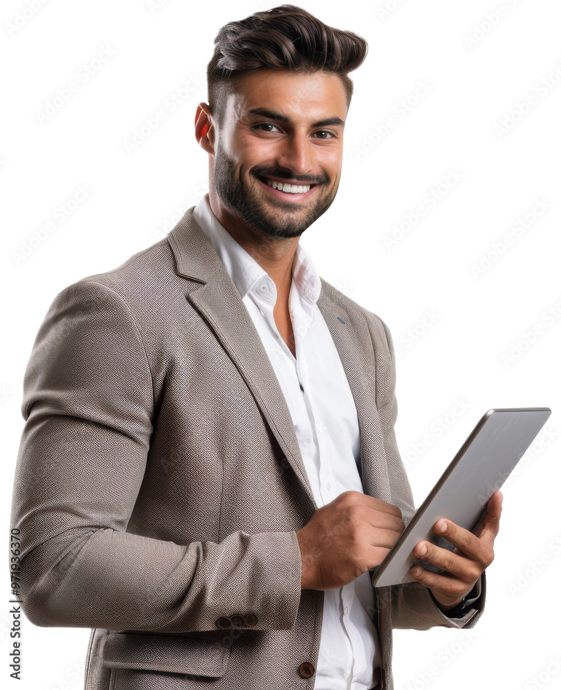 Portrait of young executive businessman happy smiling and standing posing holding using tablet computer, isolated on white background, png Portrait of young executive businessman happy smiling and standing posing holding using tablet computer, isolated on white background, png