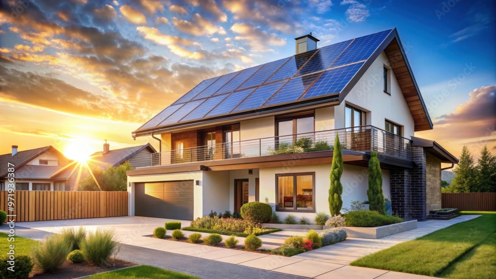Modern house with solar panels on the roof