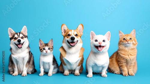 Adorable cats and dog smiling together on a blue background