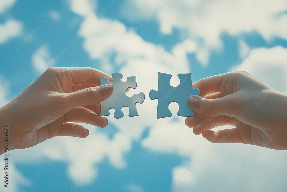 Two hands joining puzzle pieces, representing teamwork and collaboration. Two hands joining puzzle pieces, representing teamwork and collaboration.
