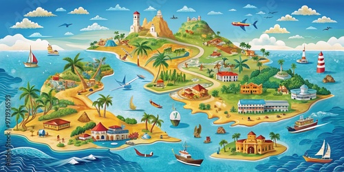 Vibrant illustration of Cuba's geographical map showcasing cities, rivers, mountains, and coastal lines in warm colors, highlighting the island's unique cultural and natural heritage. #971936593