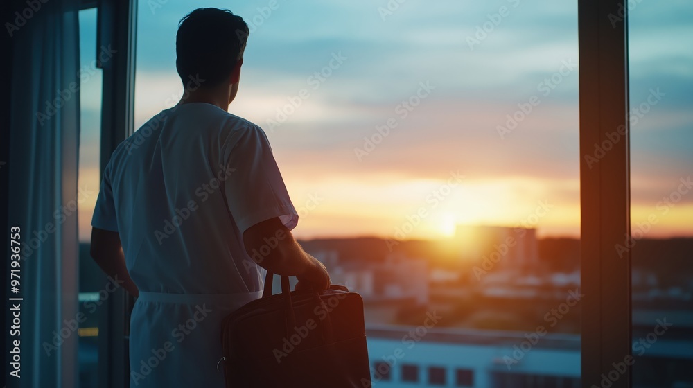 Fototapeta premium Silhouetted man gazing out city skyline window at sunset with contemplative mood