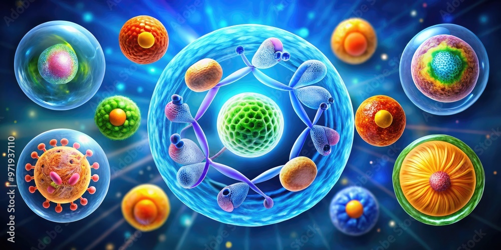 Vibrant illustration of the cell cycle process, depicting interphase ...