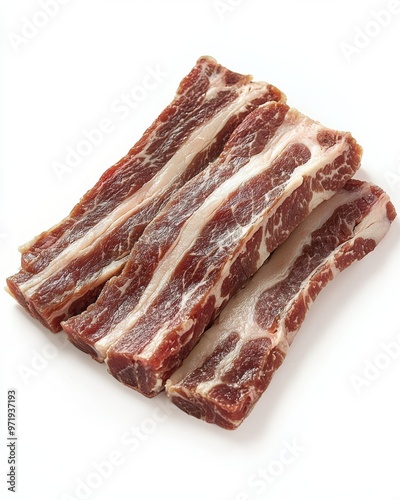 Marbled pork belly strips on white background