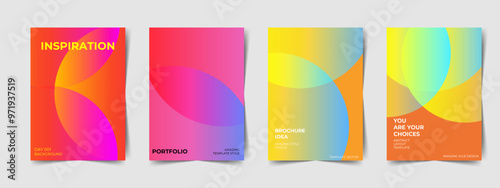 Collection of 70s color gradient poster background vector. Set of retro wall decoration, groovy, trippy, geometric shape. Vintage hippie wall art for interior, poster, banner, cover, card, flyer