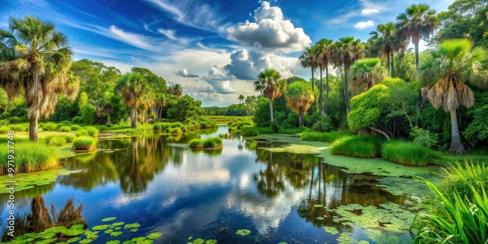Lush green wetlands in Florida with diverse plant and animal life, Florida, wetland, ecosystem, wildlife, conservation Lush green wetlands in Florida with diverse plant and animal life, Florida, wetland, ecosystem, wildlife, conservation
