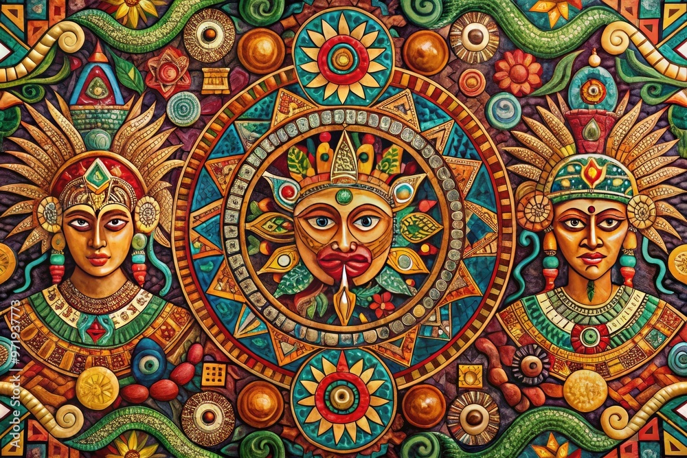 Vibrant, intricate illustration of Aztec gods, snakes, and flowers in a mosaic-like pattern, blending ancient mythology with ornate geometric designs and rich earthy tones. Vibrant, intricate illustration of Aztec gods, snakes, and flowers in a mosaic-like pattern, blending ancient mythology with ornate geometric designs and rich earthy tones.