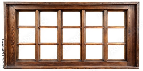 Old big brown wooden window frame with six sashes isolated on background , vintage, antique, architecture, home decor