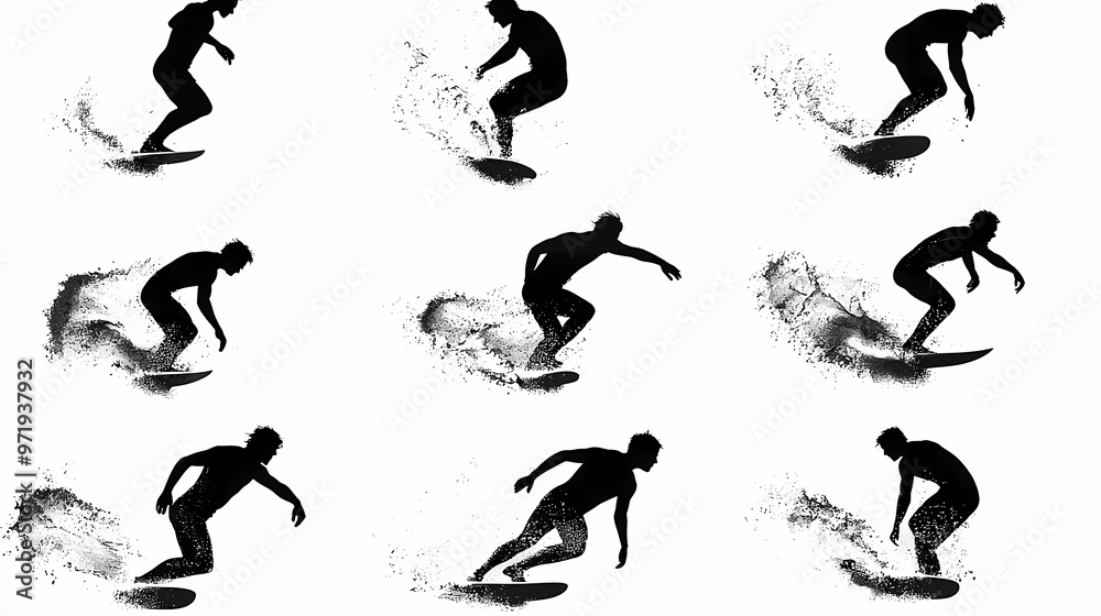 Dynamic silhouette of a male surfer showcasing various surfing maneuvers. Dynamic silhouette of a male surfer showcasing various surfing maneuvers.