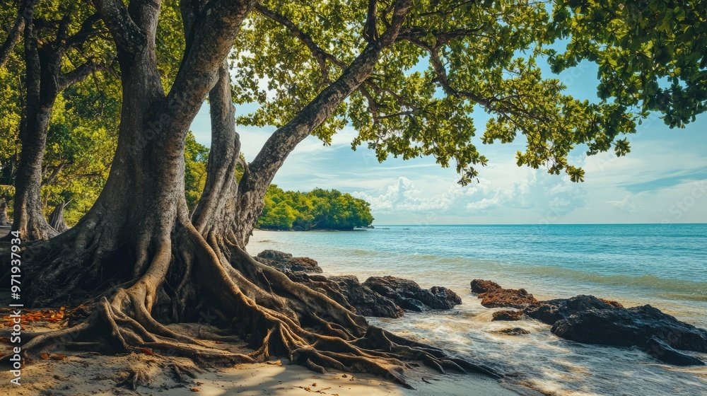 Landscape view of trees with big roots on the seashore. Plants growing by the sea. Photography Stock. Landscape view of trees with big roots on the seashore. Plants growing by the sea. Photography Stock.