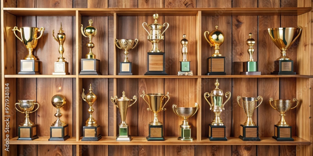 Elegant sports trophies displayed on wooden shelves, triumph, excellence, array, sports, trophies, elegant, arrangement Elegant sports trophies displayed on wooden shelves, triumph, excellence, array, sports, trophies, elegant, arrangement