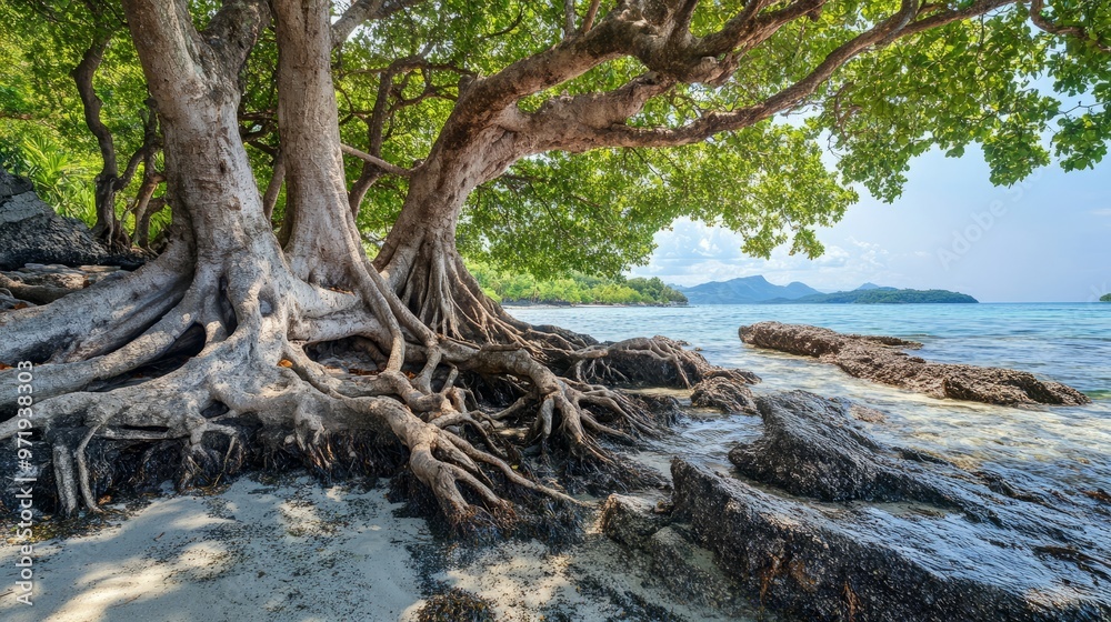Landscape view of trees with big roots on the seashore. Plants growing by the sea. Photography Stock. Landscape view of trees with big roots on the seashore. Plants growing by the sea. Photography Stock.