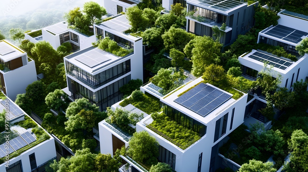 Aerial View of Modern, Sustainable Houses with Green Roofs and Solar Panels Aerial View of Modern, Sustainable Houses with Green Roofs and Solar Panels