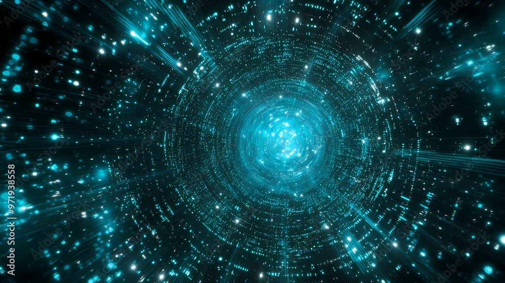 Naklejka premium Futuristic tunnel of blue light beams and particles swirling in a cosmic expanse.