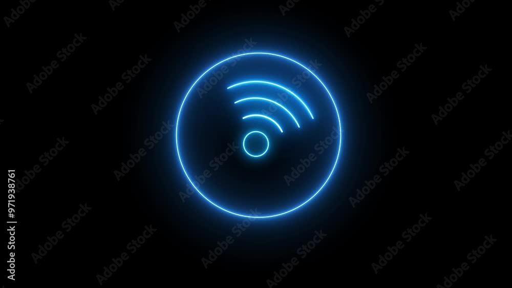 Neon Wireless Internet Connection Icon Animation. Glowing Neon Wi-Fi signal icon, Social Media Network, Router Data Connection Technology on Black Background. Neon Wireless Internet Connection Icon Animation. Glowing Neon Wi-Fi signal icon, Social Media Network, Router Data Connection Technology on Black Background.