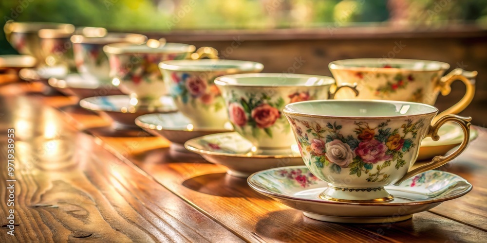 Antique teacups neatly arranged in a row on a table, vintage, collection, delicate, porcelain, retro, ornate Antique teacups neatly arranged in a row on a table, vintage, collection, delicate, porcelain, retro, ornate