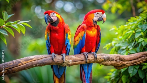 Two colorful parrots perched on a branch in a tree , parrots, birds, tropical, fauna, wildlife, colorful, feathers, tree