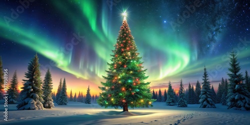 Towering Christmas tree in the forest illuminated by Northern Lights above, Christmas tree, forest, Northern Lights