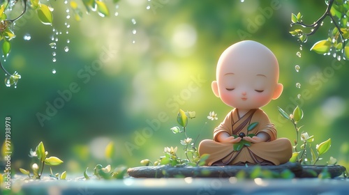 Grain Rain Festival, a super cute little monk meditating on small buds and green leaves 