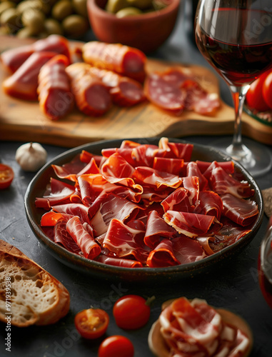 Gourmet Spanish charcuterie, close up Iberian ham with salt crystals