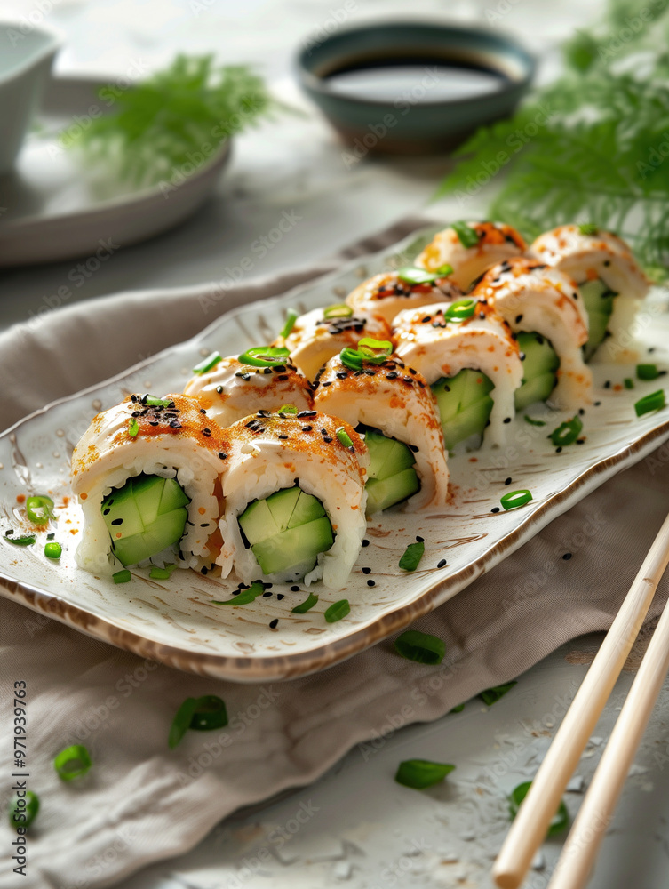 Caterpillar Roll sushi with eel, cucumber, avocado on ceramic plate, close up Japanese cuisine Caterpillar Roll sushi with eel, cucumber, avocado on ceramic plate, close up Japanese cuisine