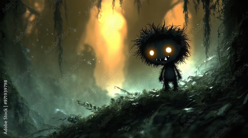 A whimsical creature stands in a mystical forest, illuminated by soft, glowing light. A whimsical creature stands in a mystical forest, illuminated by soft, glowing light.