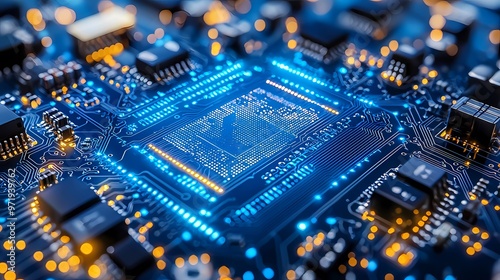 Macro view of a blue circuit board with bright glowing components.