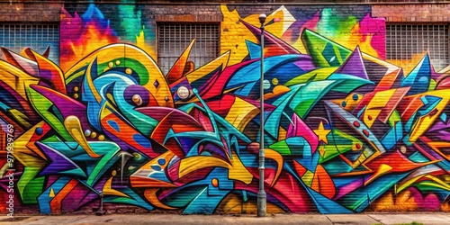 Vibrant multicolored graffiti letters sprawl across a drab urban wall, blending abstract shapes and stylized fonts to create a dynamic, eye-catching street art composition.