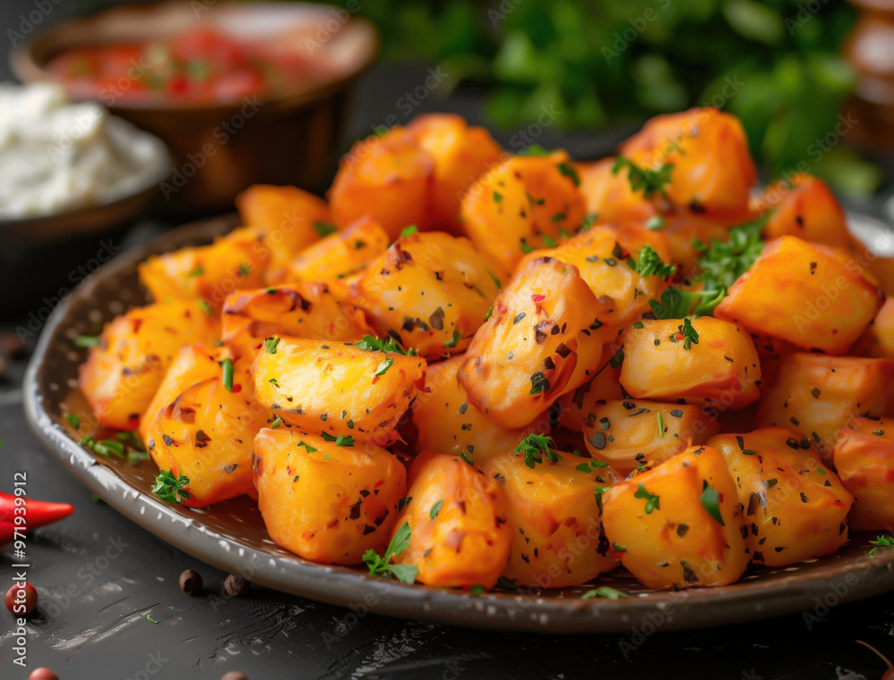 Close up of Patatas Bravas with Spicy Sauce, Traditional Spanish Tapas Dish Close up of Patatas Bravas with Spicy Sauce, Traditional Spanish Tapas Dish