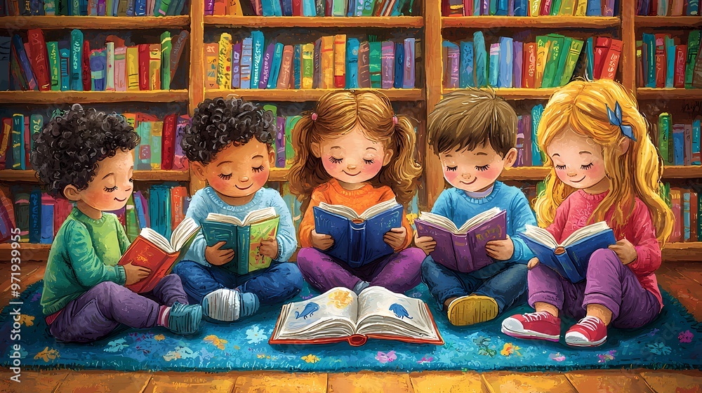 Fototapeta premium Five children enjoying storytime in a colorful library setting.