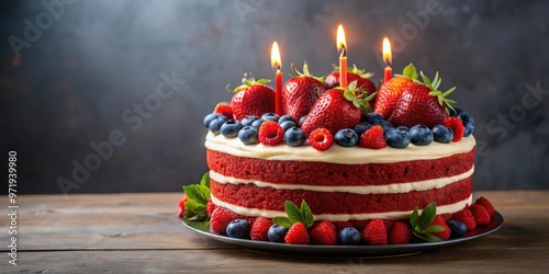 Red velvet birthday cake adorned with strawberries, blueberries, and candles, red velvet, cake, birthday, candles