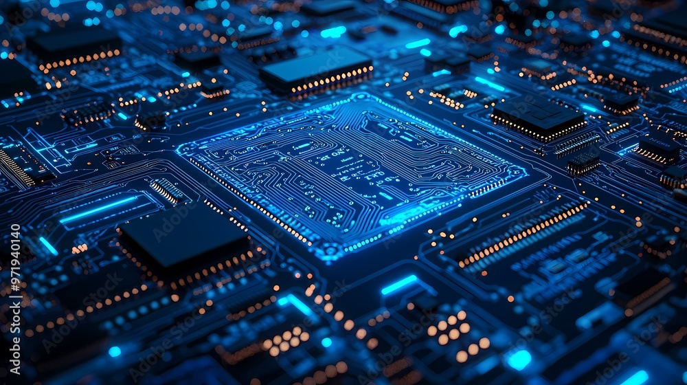 Close-up of a futuristic blue circuit board with glowing elements. Close-up of a futuristic blue circuit board with glowing elements.