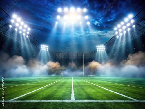 Vibrant, neon-lit stadium lights illuminate a misty, atmospheric football field at dusk, with subtle shadows and dynamic lines creating a dramatic, high-energy sports atmosphere.