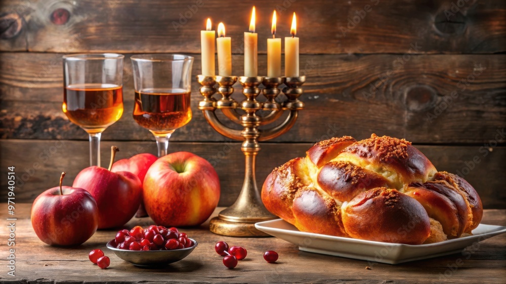 Challah, honey, apple, pomegranate, wine, and cholent displayed on a table with a menorah , Jewish, holiday Challah, honey, apple, pomegranate, wine, and cholent displayed on a table with a menorah , Jewish, holiday