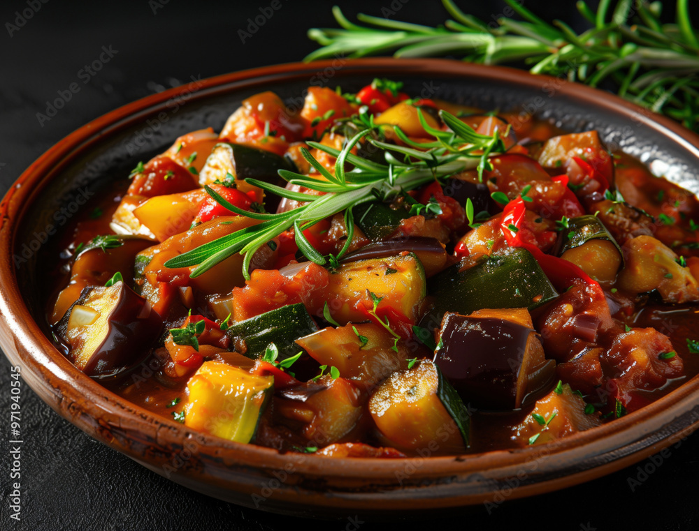 Close up of Hearty Pisto Vegetable Stew with Eggplant and Zucchini in Dark Bowl Close up of Hearty Pisto Vegetable Stew with Eggplant and Zucchini in Dark Bowl