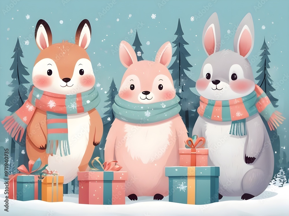 Obraz premium abstract pastel banner with cute winter animals with presents and scarfs. merry chritmas and happy new year illustration